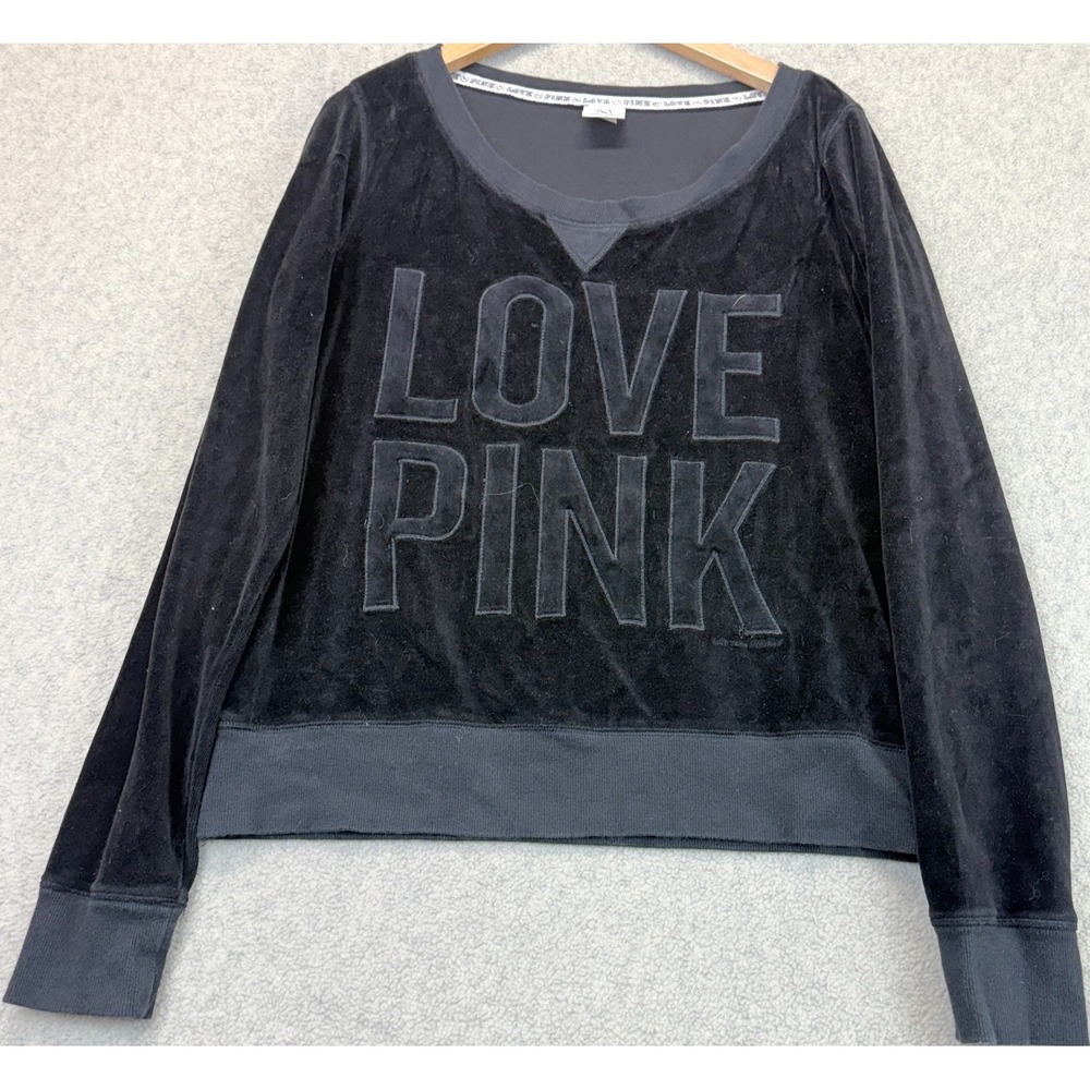 Victoria Secret Womens Pullover Sweatshirt Black Velvet Round Neck Relaxed Fit L
